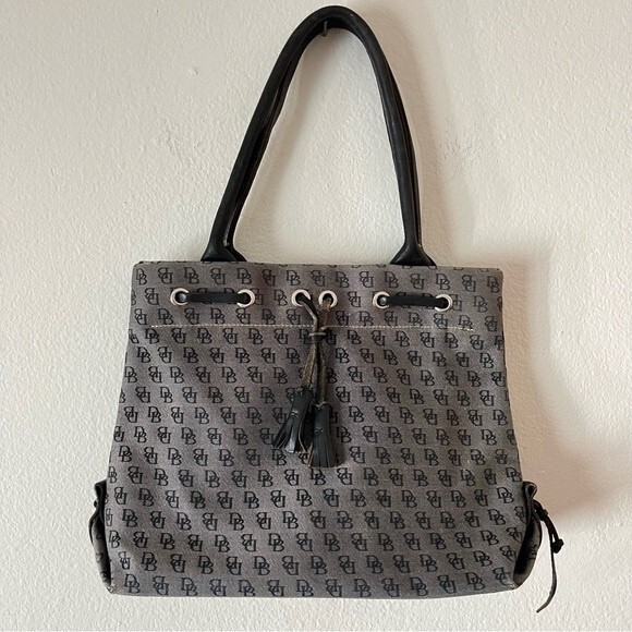 Dooney & Bourke Signature Canvas Leather Tassel Shoulder Bag- Grey & Black - Picture 1 of 6